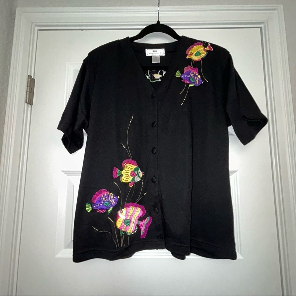Vintage Lisa International Fish Print Button Front Short Sleeve Shirt Top - Picture 4 of 10